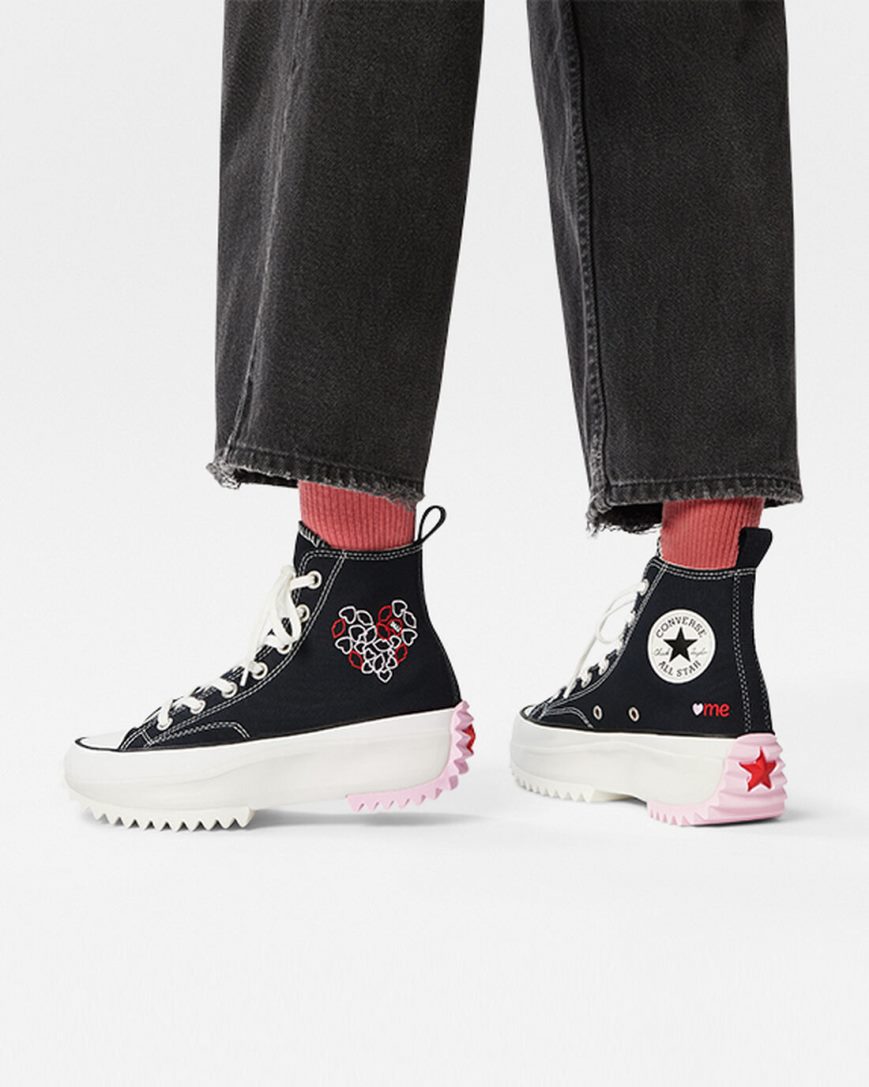 Sapatos Plataforma Converse Run Star Hike Embroidered Hearts Cano Alto Feminino Pretas Vermelhas | PT K074P95